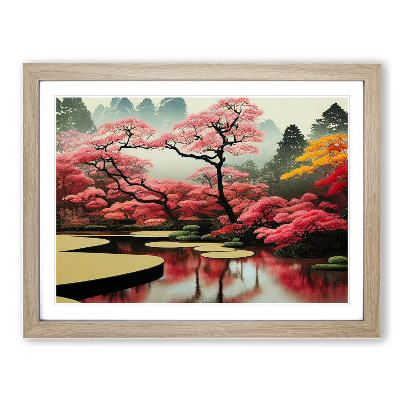 Japanese Garden Pond Vol.3 - Single Picture Frame Painting, 25cm H x 34cm W x 2cm D, Oak