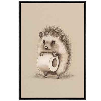 Cute Hedgehog with Toilet Paper Funny Animal Bathroom Decor Framed Canvas Master Bedroom Wall Art Work Print