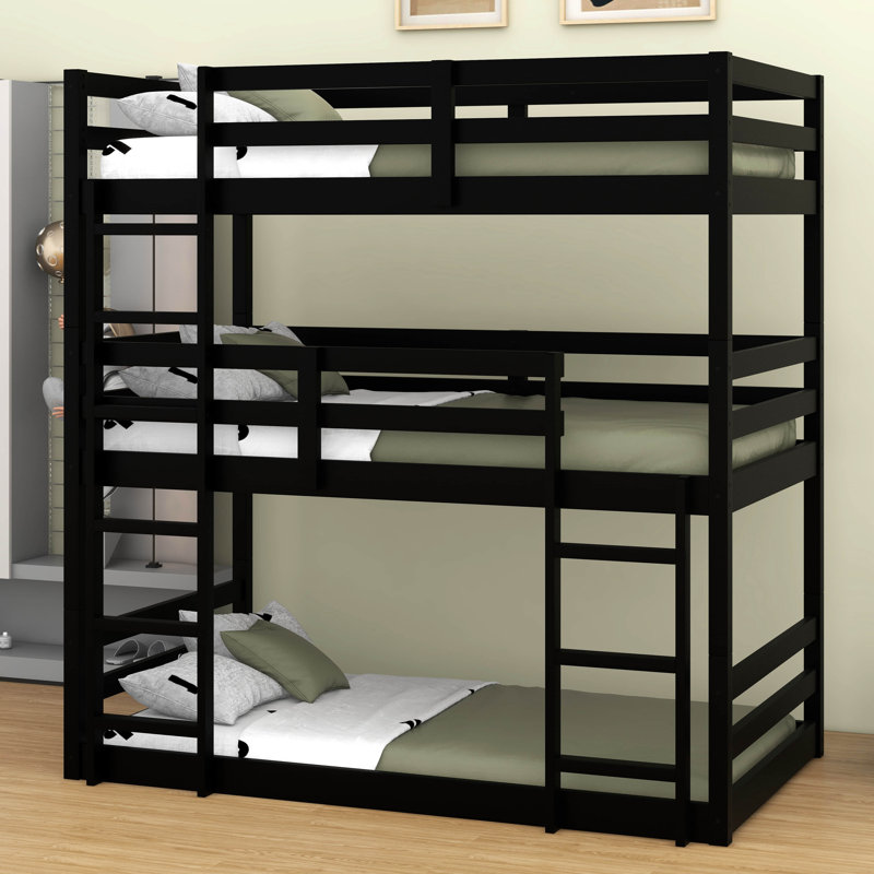Twin Over Twin Over Twin Rubber Wood Triple Bunk Bed – Two Built-In Ladders, Guardrails & Detachable Design, Black