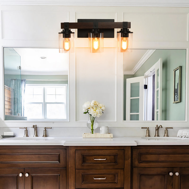 3-Walnut colored dimmable clear glass Vanity Light, 3 Lights
