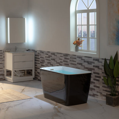 48'' Freestanding Air Soaking Acrylic Rectangular Black Bathtub with Integrated Seat,Non-Slip Design