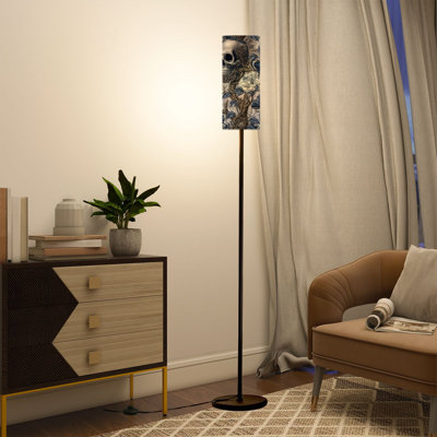 68.5" Standing Floor Lamp Maximalist Gothic Bloom Skull Antique Botanical Art Dimmable Metal Pole Lamp with Linen Lampshade LED Bulb Included