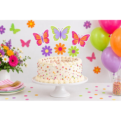 Butterfly Birthday Cake Decorations, Bright Garden Flower Topper Set