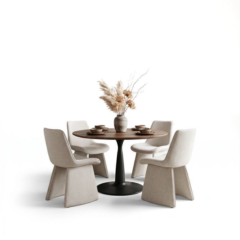 Ensemble de salle à manger rond central sur pied de 40 pouces pour 4 personnes avec des chaises rembourrées en tissu, Beige