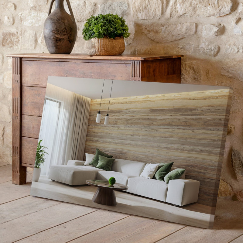 Reproduction d'art sur toile, un salon moderne avec un canapé modulaire beige clair orné de tendres coussins vert et blanc