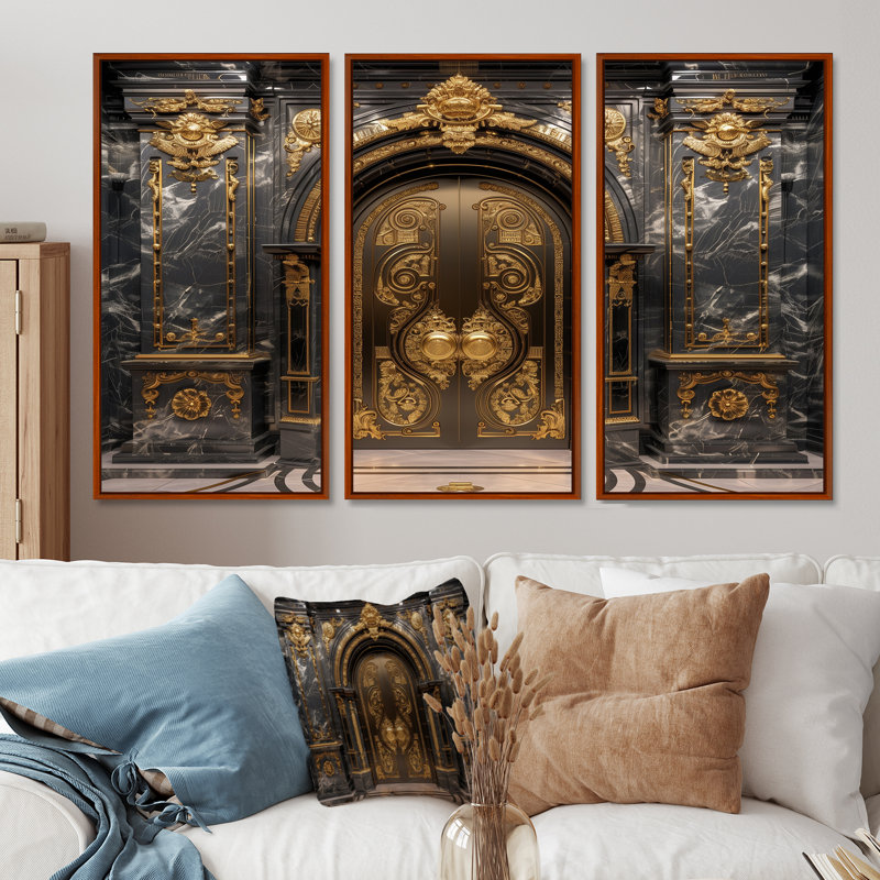 «Gold Banks Gilded Doors I - Banks», ensemble de reproduction d'art mural, H 28 po x l 36 po x P 1 po, Cadre flottant brun