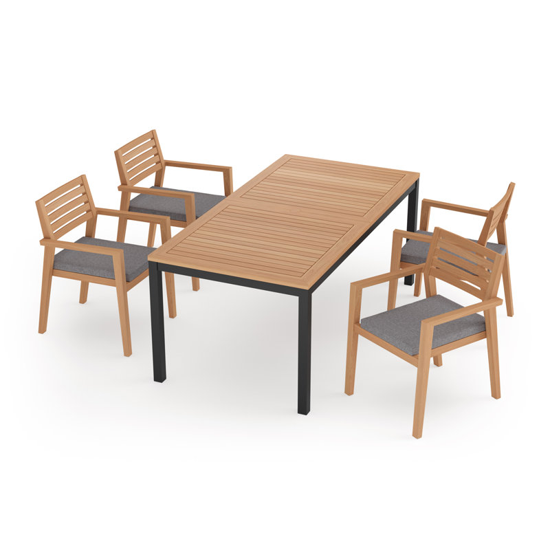 Outdoor Furniture Rhodes 5 Piece Dining Set with 72 in. Table, Cast Slate Sunbrella® Plainweave, Natural Teak