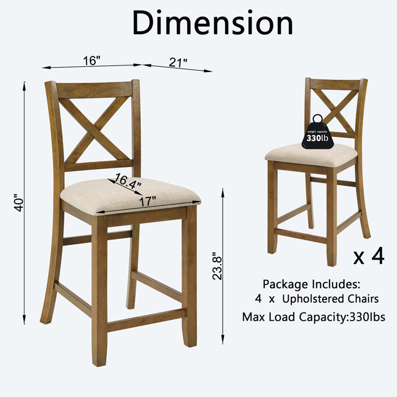Ensemble de 4 chaises de salle à manger en bois massif, hauteur de comptoir, avec dossier ergonomique en X