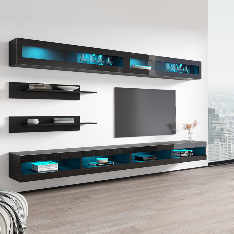 Lonergan 126" Modern Floating Wall Mounted Entertainment Center with 16-Color LED Lighting, High Gloss Finish, Black