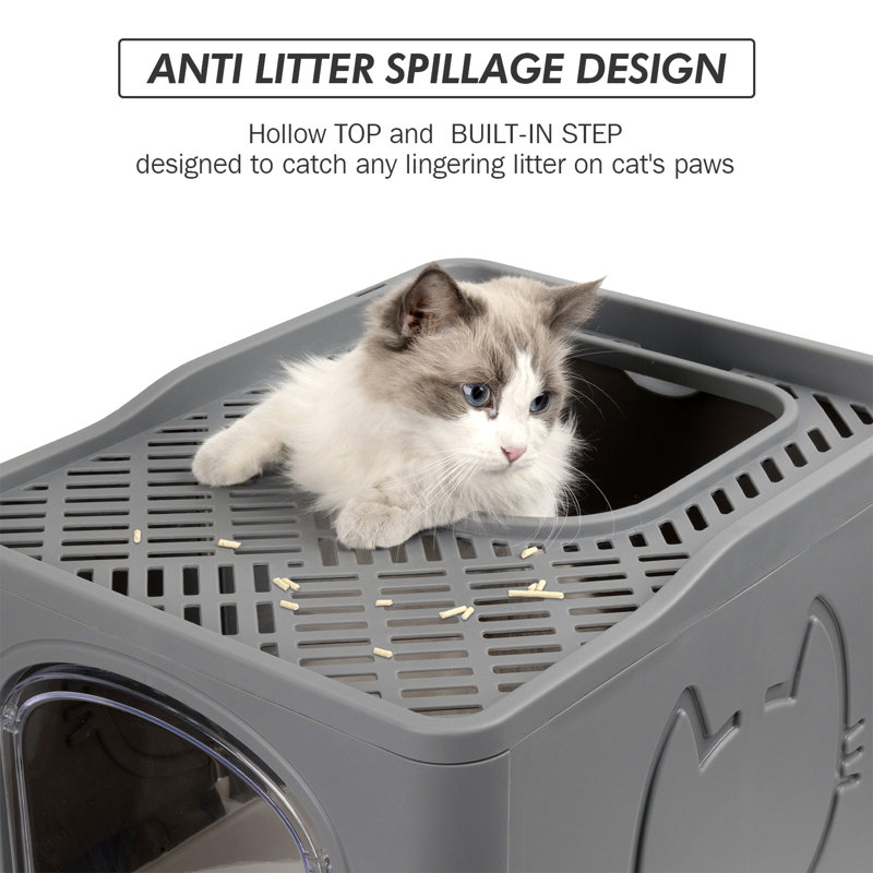 Bac à litière pliable pour chat avec pelle, couvercle, Gris