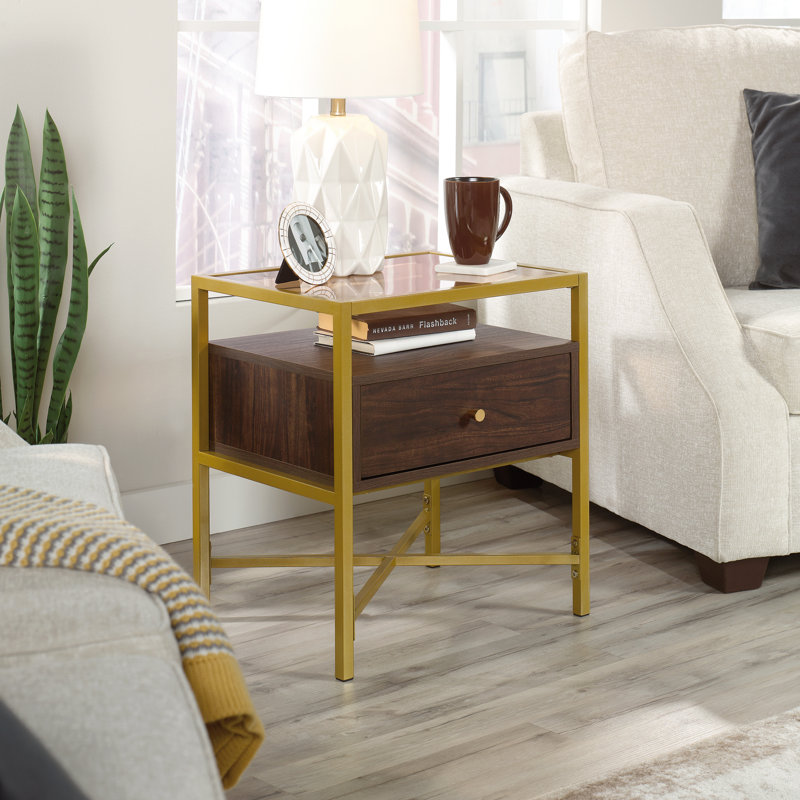 Delong Glass Top End Table with Storage, Brown