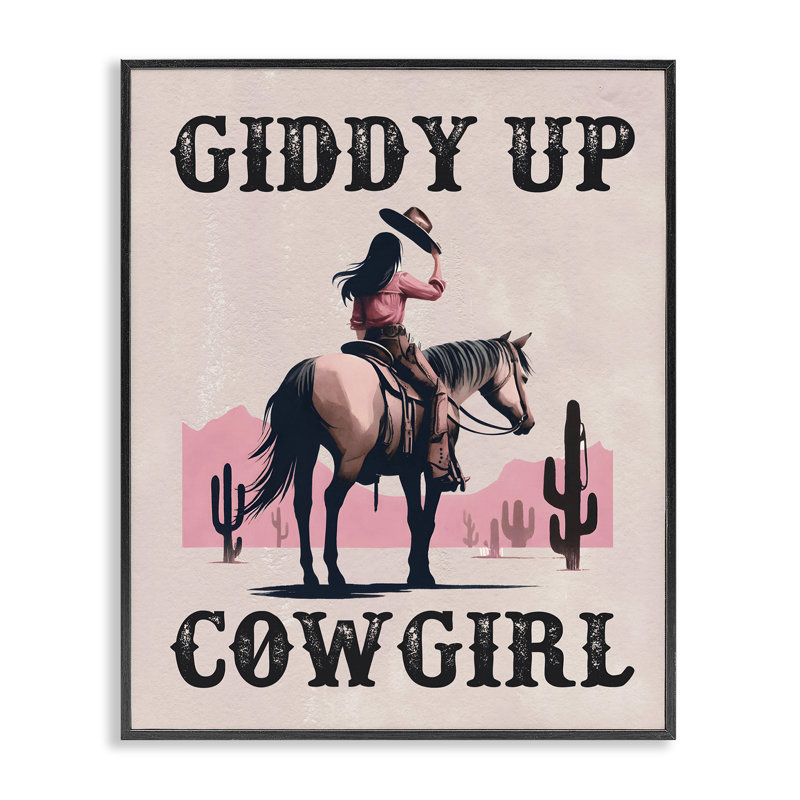  «Giddy Up», une jeune femme brune encadrée par estampe numérique avec lettres et lignes, H 14 po x l 11 po