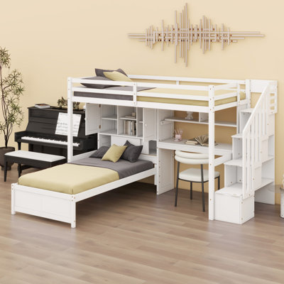 Lit mezzanine avec bureau intégré et escalier, avec compartiments de rangement et tablettes
