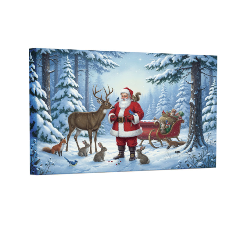 Père Noël de Noël avec renne et animaux dans la forêt enneigée, ensemble de 3 impressions sur toile, H 12 po x l 18 po