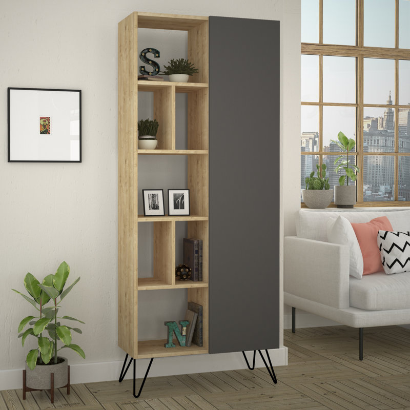 Bibliothèque moderne scandinave, chêne et anthracite, 31,1 po x 74,8 po x 12,6 po | 100% panneau de particules enduit de mélamine, épaisseur: 0,7 pouce | Pieds en métal, charnières à fermeture en douceur, fixation murale, capacité de tablette de 66 lb, solution de rangement élégante