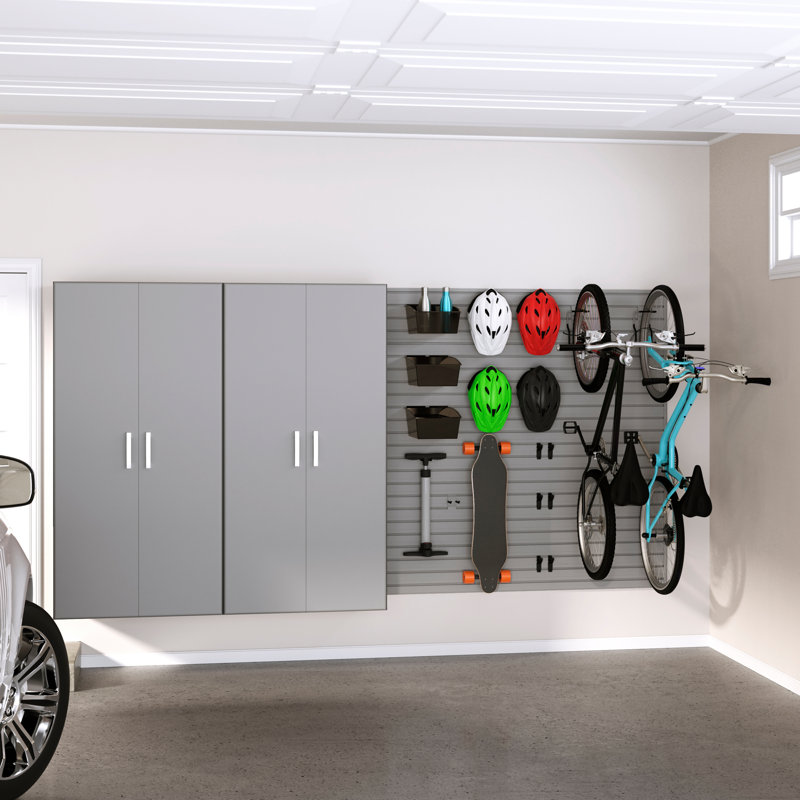 Flow Wall 17 Piece Slatwall Panel, Shelf, Bike Hook Storage Set - Slatwall, Silver