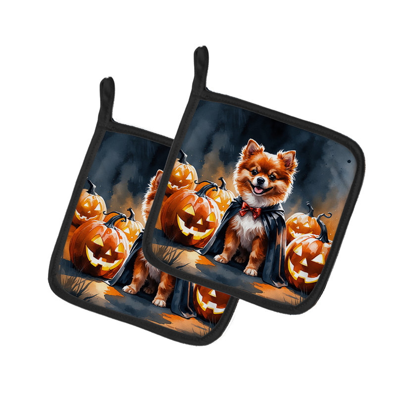 Poméranie chiot d'Halloween, paire de porte-casseroles