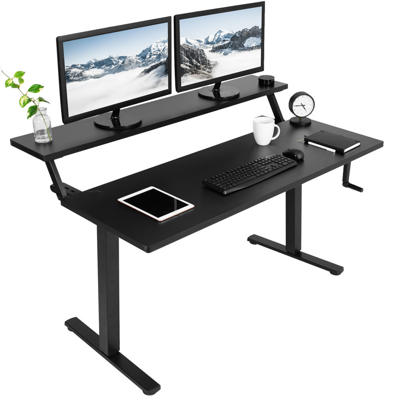 VIVO Dual Tier Manual Adjustable 55'' Black Standing Desk with Keyboard Tray