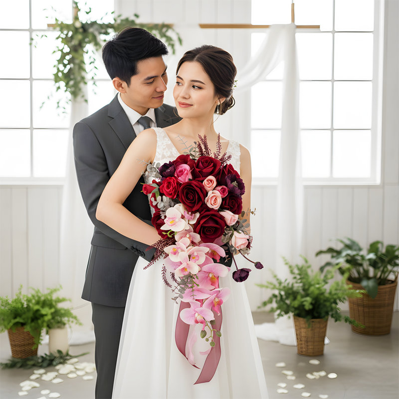 Bouquet de mariée en cascade de 9,4 pouces en cascade avec bouquet de fleurs en cascade pour la mariée avec ruban de fleur artificielle rose rustique et rose