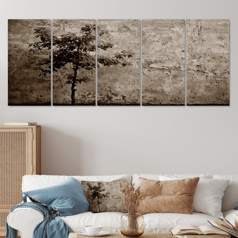 Arbre simple devant un mur - ensemble d'art mural arbre monochrome 5 pièces, H 28 po x l 60 po