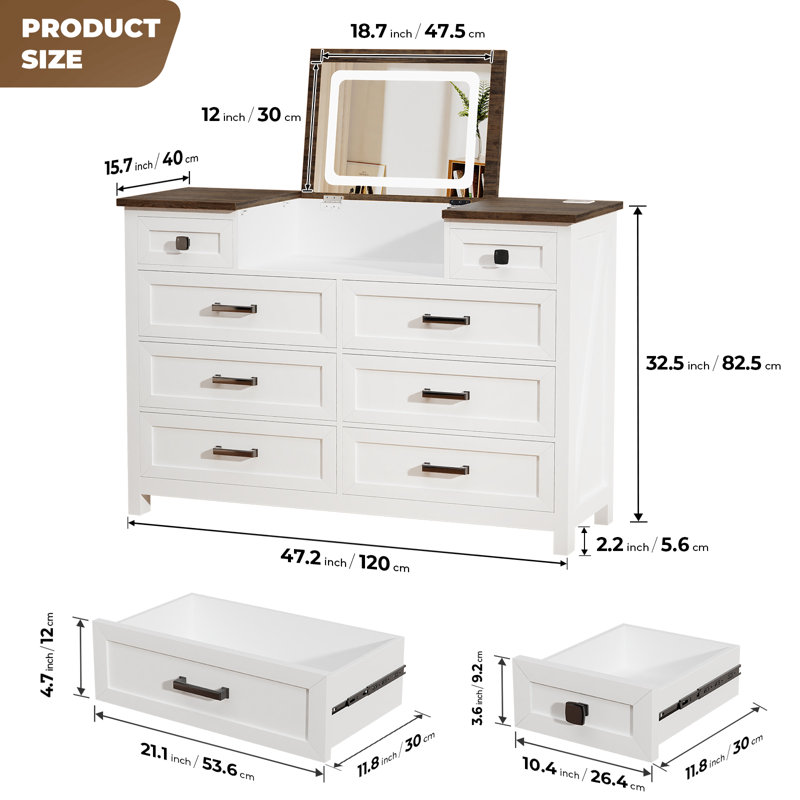Dresser with Mirror, White Dresser for Bedroom, 8 Drawers Makeup Vanity with LED Mirror