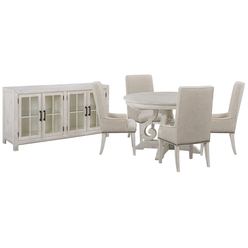 48" Round Dining Table With 4 Host Chairs And Buffet, 6 Pieces: Table, 4 Chairs, Sideboard