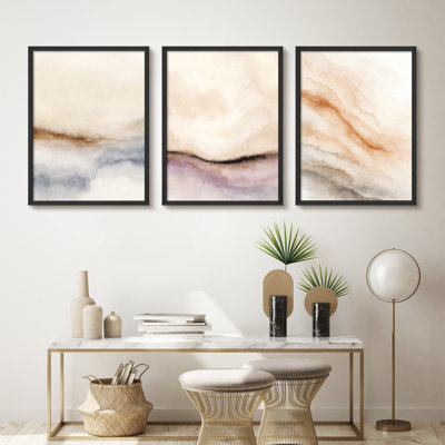 «Neutral Watercolor Abstract Landscape Wall Art Print», ensemble de 3 pièces encadrées de ton terreux beige et taupe pour un décor de salon minimaliste moderne