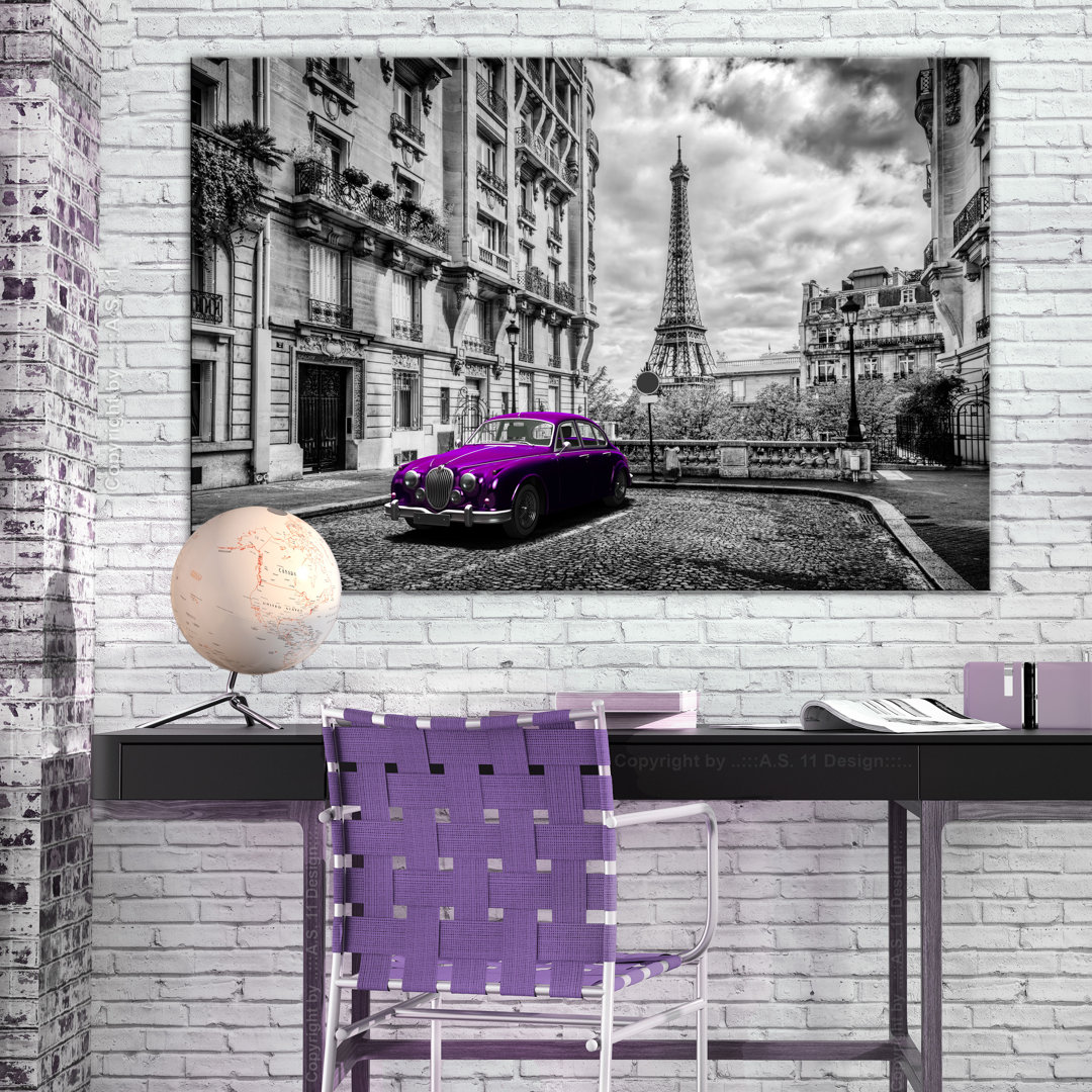 Leinwandbild - Car in Paris (1 Part) Violet Wide