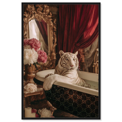 Elegant Sparkling Bath Tiger Glam Framed Canvas Print Bathroom Wall Art by Art Remedy, Black Frame, 16 x 24