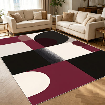 1PC Modern Geometric Abstract Burgundy Black Cream Block Pattern area rugs for Living Room, Soft and Comfortable, Suitable for all seasons, easy-to-maintain, machine washable Indoor floor mat, Under Table Farmhouse suitable for Dining Room, Bedroom,