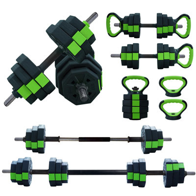 4-in-1 Adjustable Dumbbell & Kettlebell Set 20KG, Multi-Function Barbell and Push Up Stand, Anti-Slip Space-Saving Home Gym Equipment, Green(Hollow iron rod 50cm)
