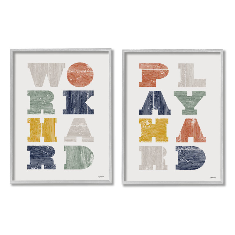 «Work Hard Play Hard Expression», ensemble de 2 plaques murales typographiques pour enfants par Kyra Brown, H 30 po x l 24 po