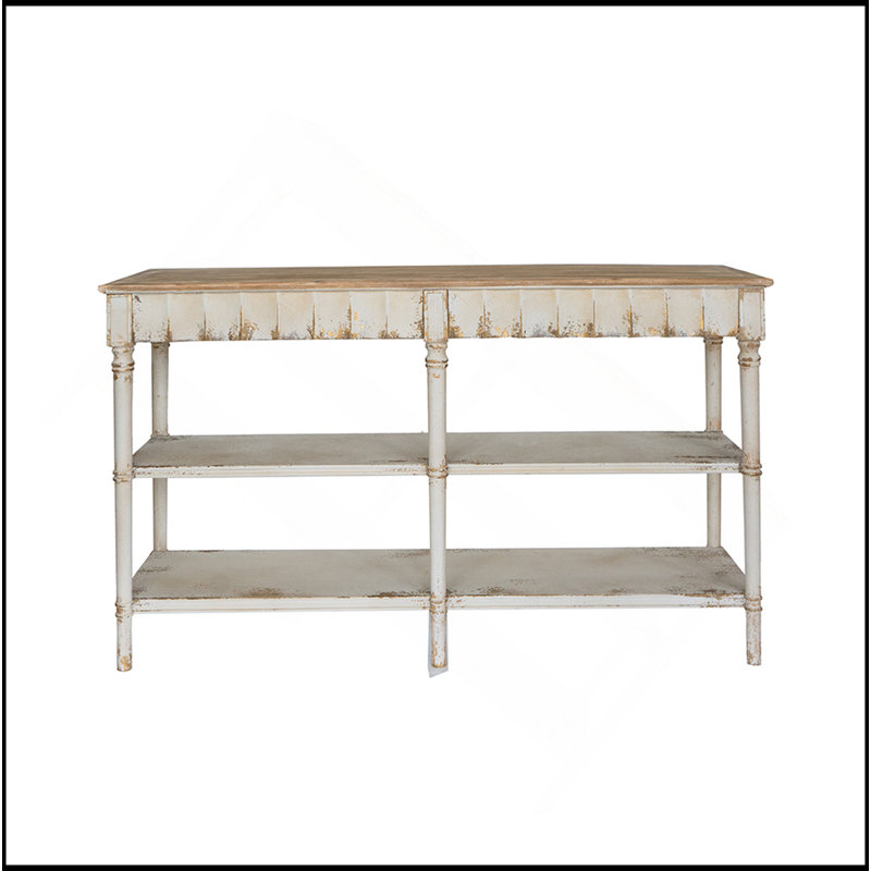 Console 63 po x 19,5 po x 35,5 po à trois niveaux en bois au fini blanc vieilli et beige