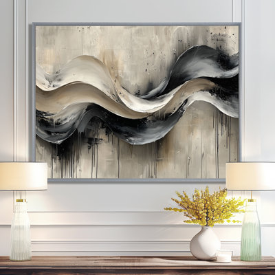 Grey On White Rhythmic Drizzle Ink River IV - Abstract Modern Waves Wall Art