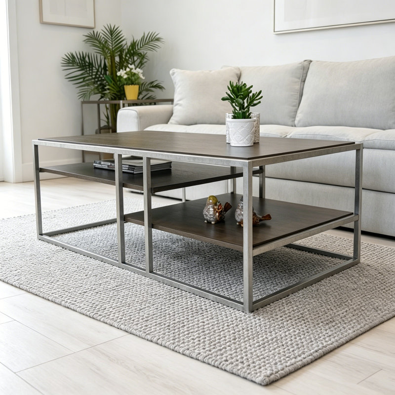 Stylish Metal Frame Wood Coffee Table With Shelves, Perfect For Modern And Contemporary Living Rooms.