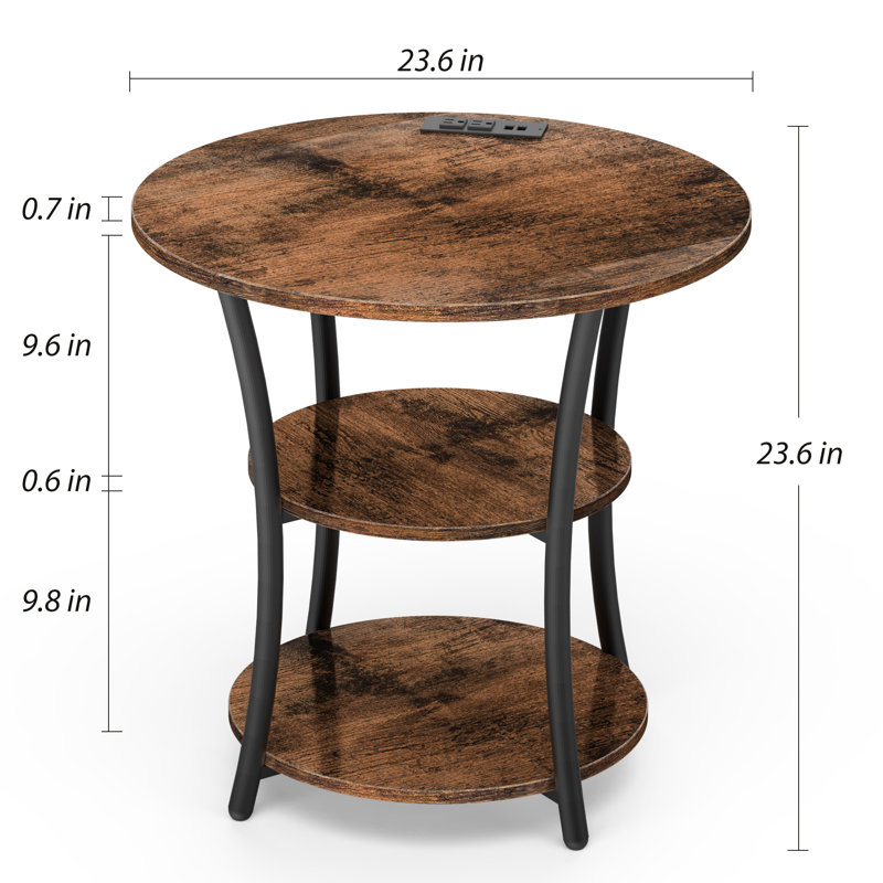 Jalane Tall End Table with 2 USB Ports, 2 Power Outlets, and 3-Tier Storage Shelves, Rustic Brown/Black