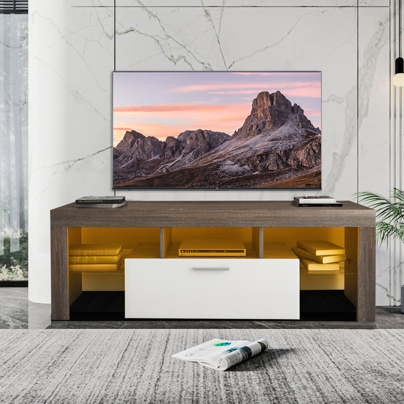 Raphaelle 62.98''Wide Wooden Media Console TV Stand with Remote Controlled LED Light, Brown/White