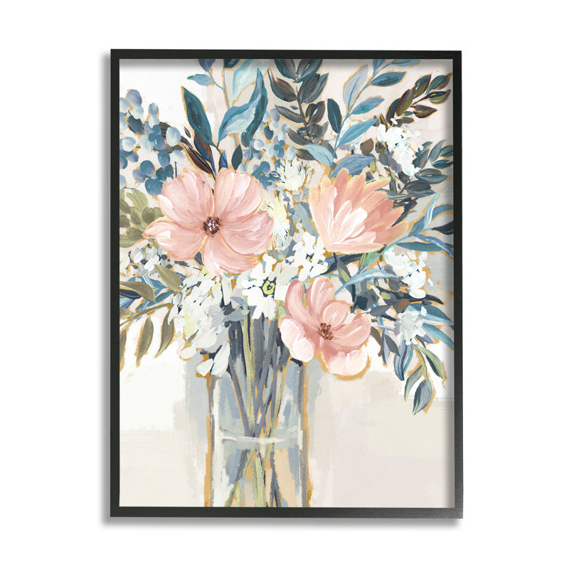 Magnifique bouquet de fleurs roses bleues, "Delicate Blossoms" par Nina Blue - Peinture, H 20 po x l 16 po x P 1,5 po