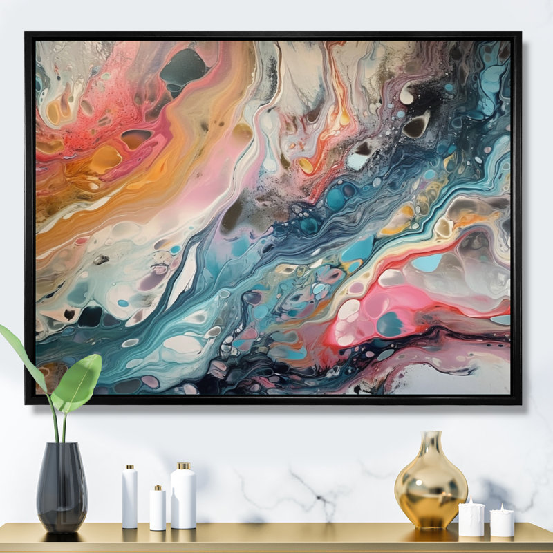 Impression sur toile bleu sarcelle marbré fantaisie II, Cadre flottant noir, H 12 po x l 20 po x P 1 po