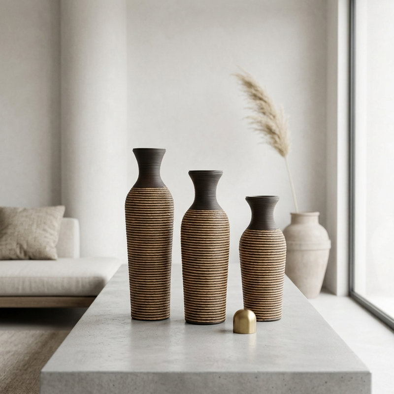 Ensemble de 3 vases de plancher en rotin de PVC - Vases de campagne décoratifs à rayures brunes pour le salon et le bureau
