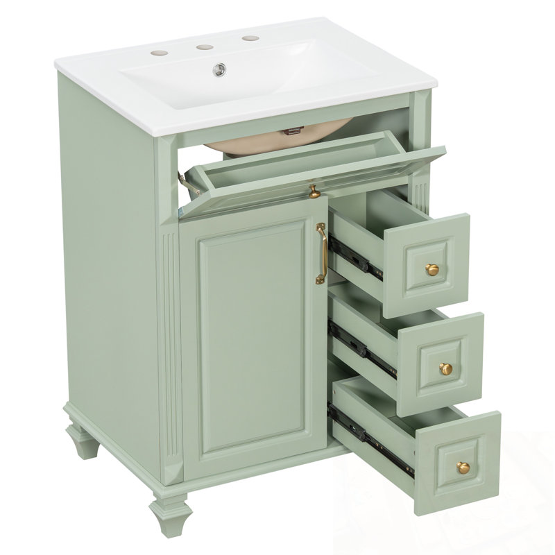 Meuble-lavabo de salle de bain avec lavabo, tiroir rabattable, 3 tiroirs et armoire de rangement, Vert