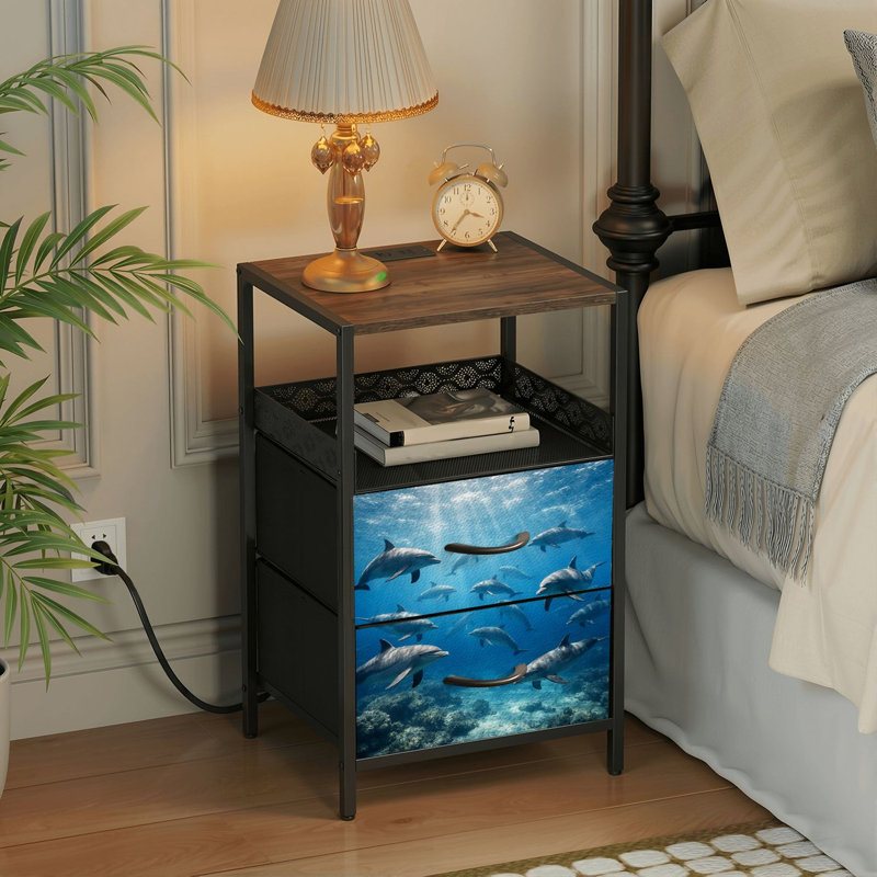 Table de chevet 2 tiroirs avec station de charge, table de chevet avec ports USB et prises USB