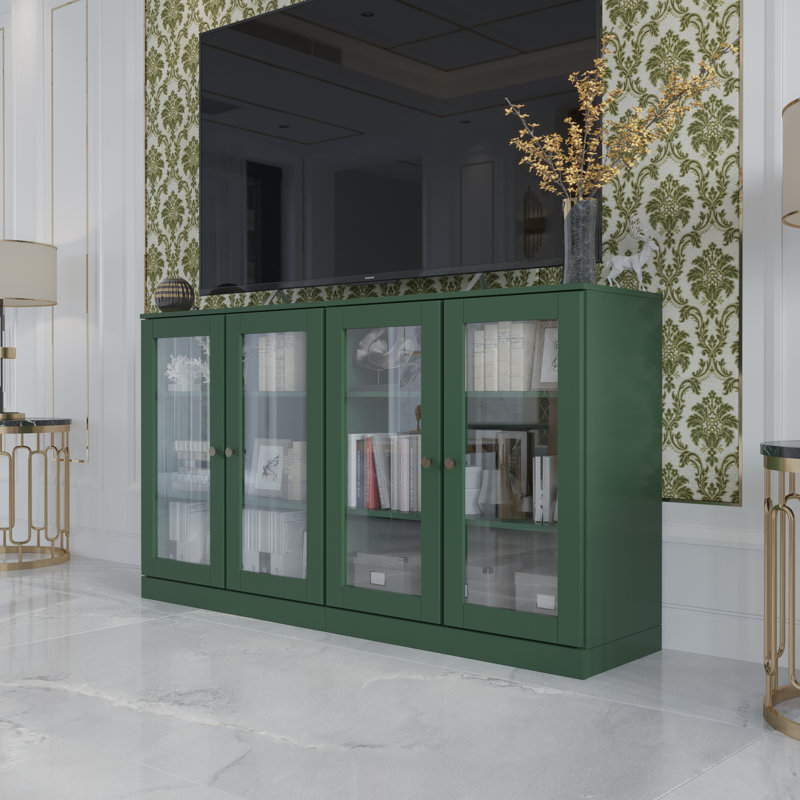 Meuble télé 100% bois massif, console de 64 po de largeur avec portes en verre et rangement, Vert