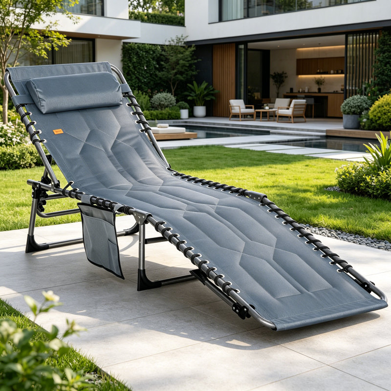 Outsunny Padded Folding Chaise Lounge Chair, Outdoor 6-Level Reclining Camping Tanning Chair With Headrest For Beach, Yard, Patio, Pool, Gray