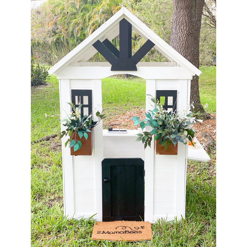 Ajure White and Black Cedar Wood Playhouse with Kitchen and Garden