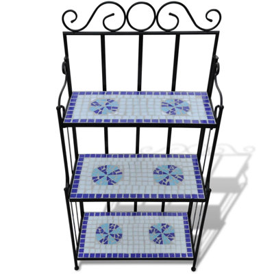 Plant Stand Blue and White Mosaic Iron Frame with Ceramic Tile Decorative Plant Holder
