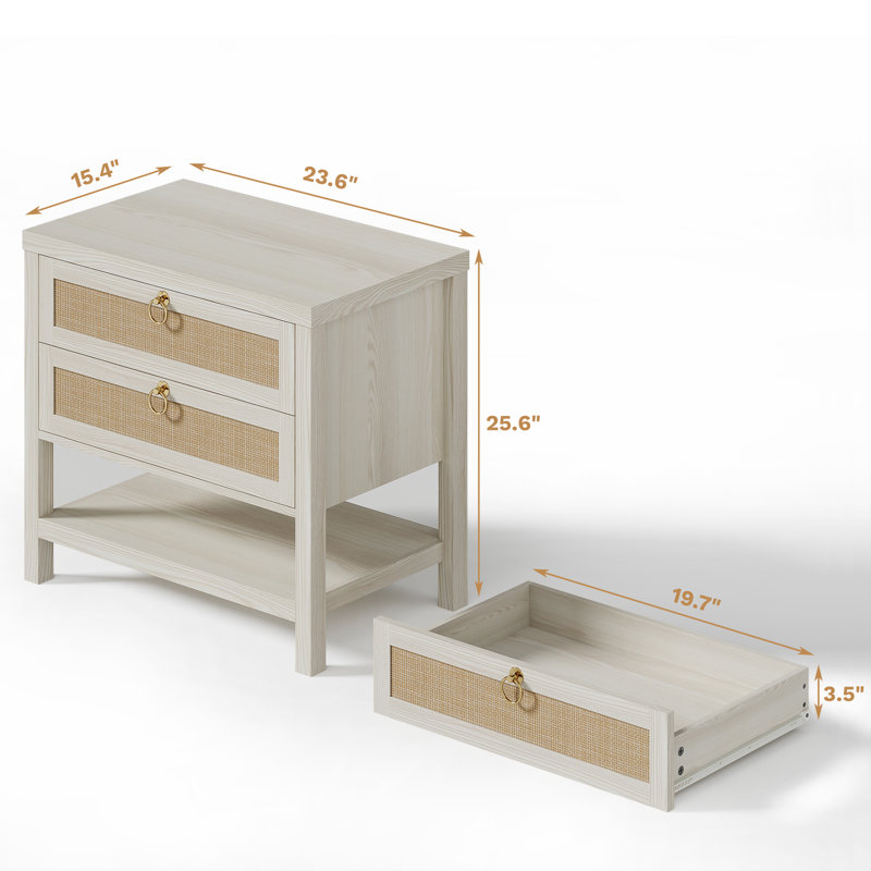 Boho Large Rattan Nightstands With 2 Drawers & 1 Shelf , White Cream Oak, Set of 2