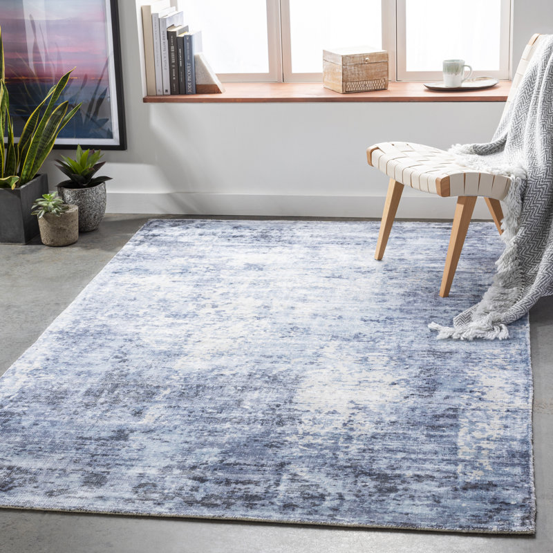 Tapis fait main abstrait area blue Baity, Rectangle 8 pi x 10 pi