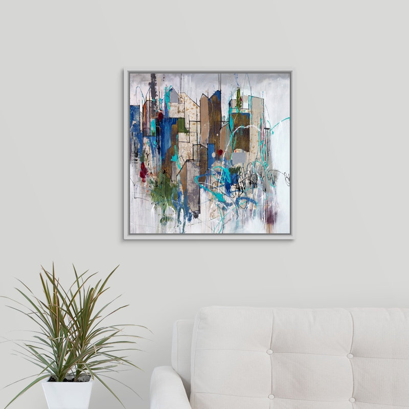 « stomping ground oreillers », peinture sur toile, H 21,7 po x l 21,7 po x P 1,75 po, Cadre flottant blanc