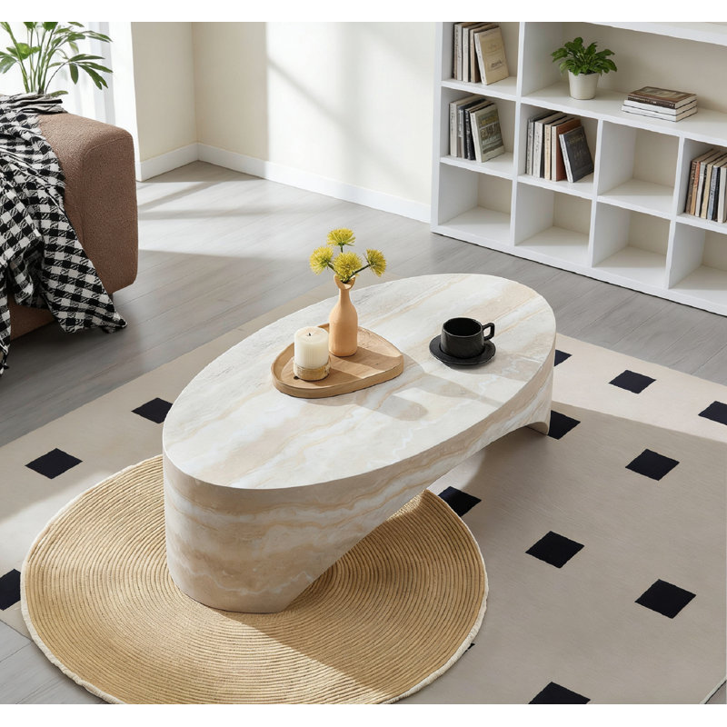 Oval Natural Faux Marble Coffee & Side Table In White, Fiberglass - Reinforced, Elegant Design For Living Room, Ideal For Stylish Home Decor, A Durable And Aesthetic Furniture Piece For Contemporary Interiors And Social Gathering Spaces
